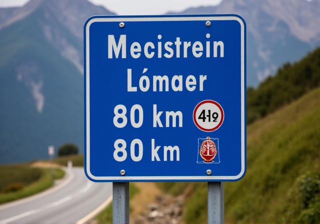 A typical Swiss road sign indicating a mountain pass and speed limit.