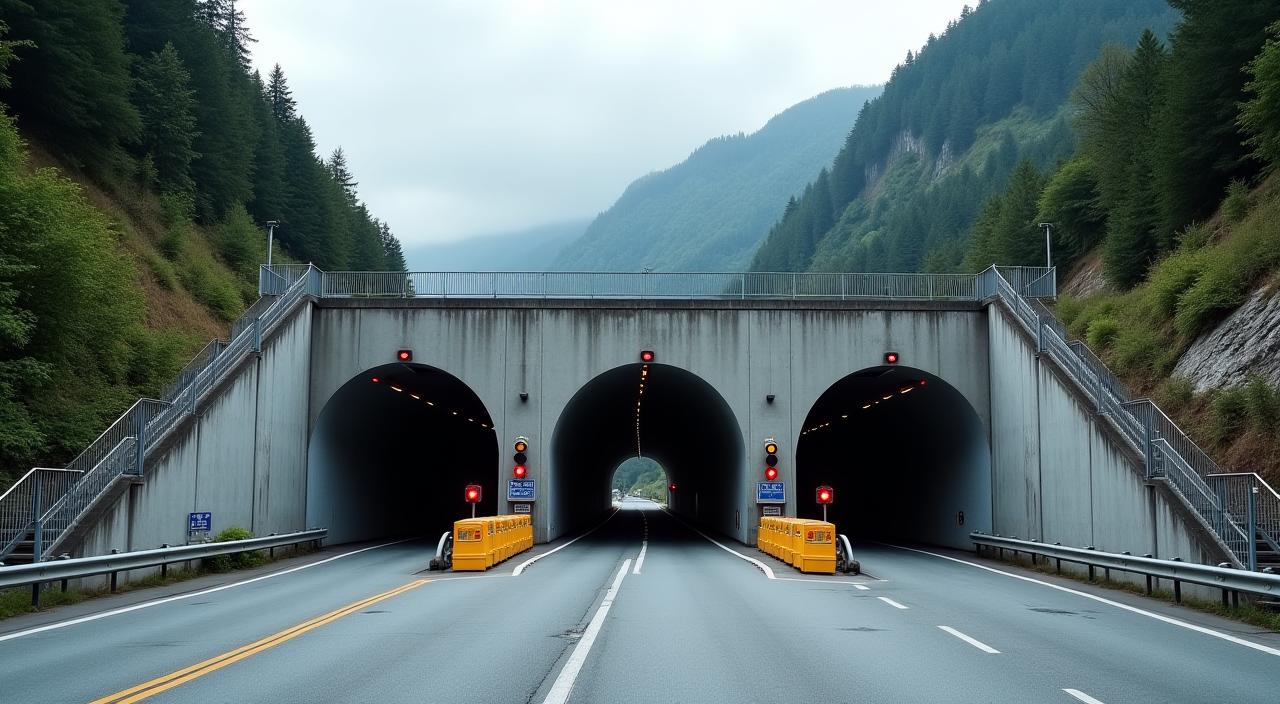 The entrance to a major alpine tunnel in Switzerland, with toll booths visible.